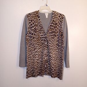 Chico's Gray and Leopard Print Cardigan
